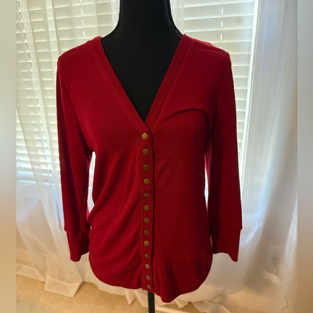Zenana Outfitters Deep Red Cardigan with Gold Accents